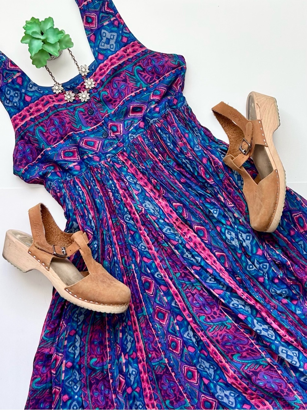 Vintage 70s Indian Cotton Block Print Purple Blue Floral Maxi Midi Dress Small